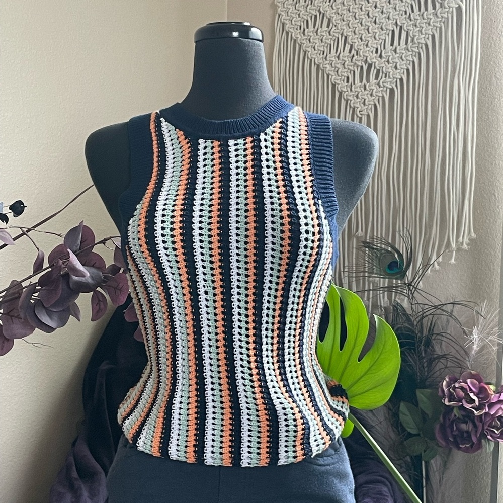 525 America Krista Stripe Vertical Crochet Tank Coastal Beach Festival - Picture 2 of 16